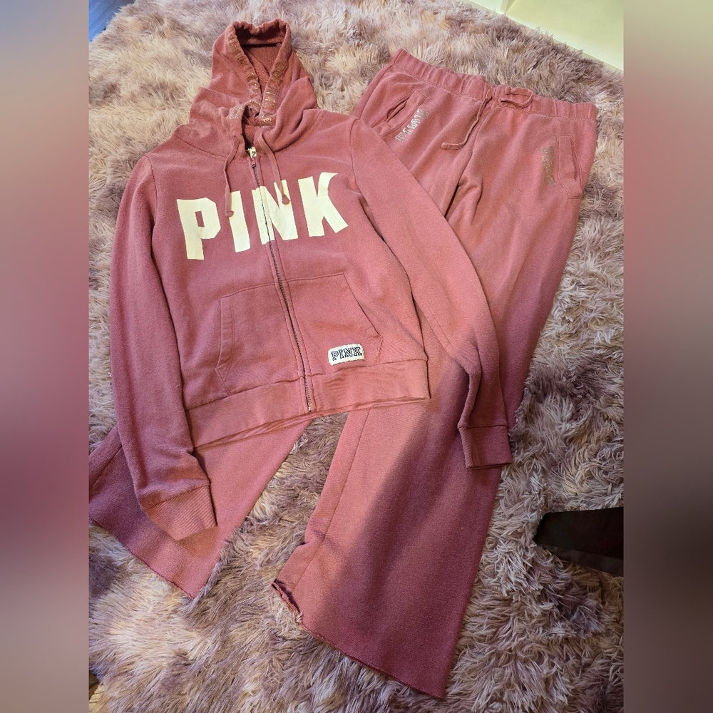 Victoria's Secret Pink Begonia Mauve Hoodie + Boyfriend Pants Set